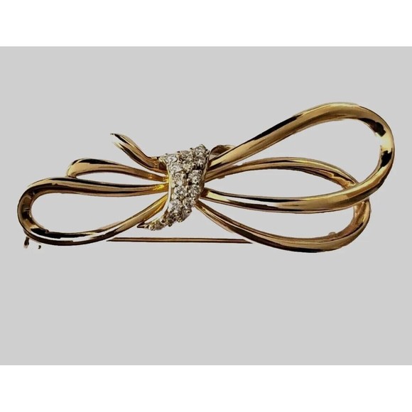 Vintage 14K Yellow & Diamond Ribbon Bow Pin Brooch 9.8 grams 2 1/2" L X 1 1/8" H - Picture 4 of 16